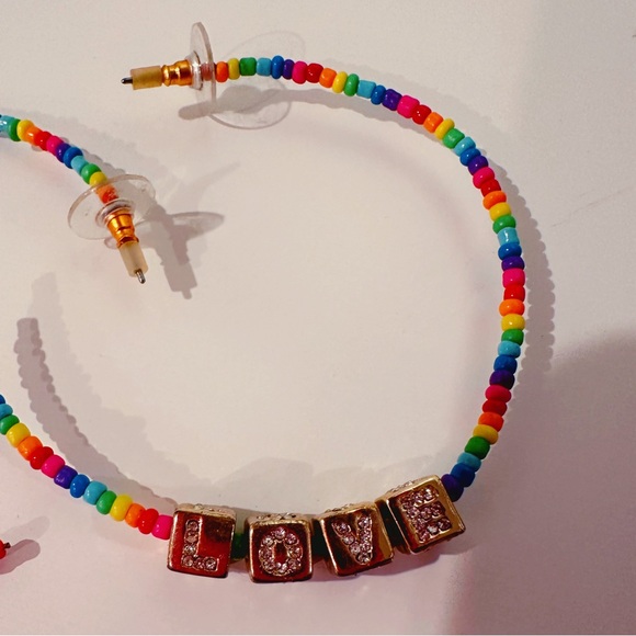 [ 2 FOR $35 ] NWOT RAINBOW BEADED LOVE HOOP EARRINGS - Picture 2 of 3